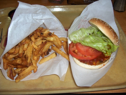 Veggie burger with Johnnie's Sauce and fries