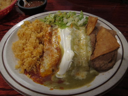 Tri-color enchiladas are a specialty of Leo's