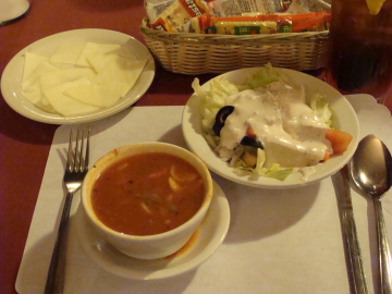 Soup and salad with complimentary cheese and crackers