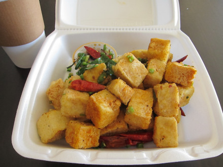 All orders of salt n pepper tofu are served in a takeout container, even if you eat in the restaurant