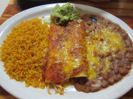 Red enchiladas, called enchiladas rojas on the menu