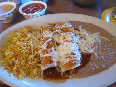 Chicken enchiladas from the lunch menu with red sauce