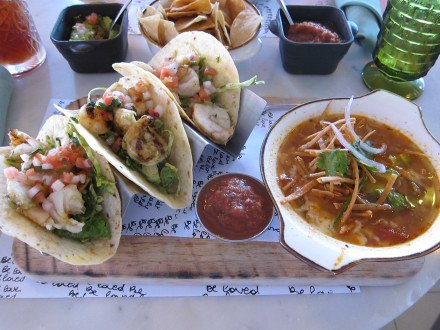 Shrimp tacos and tortilla soup