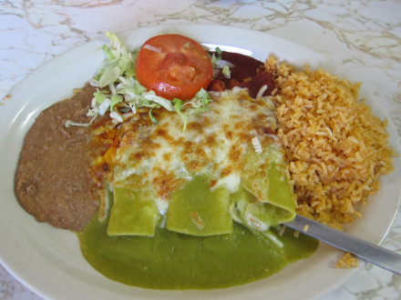 Cheese enchiladas with red and green sauce